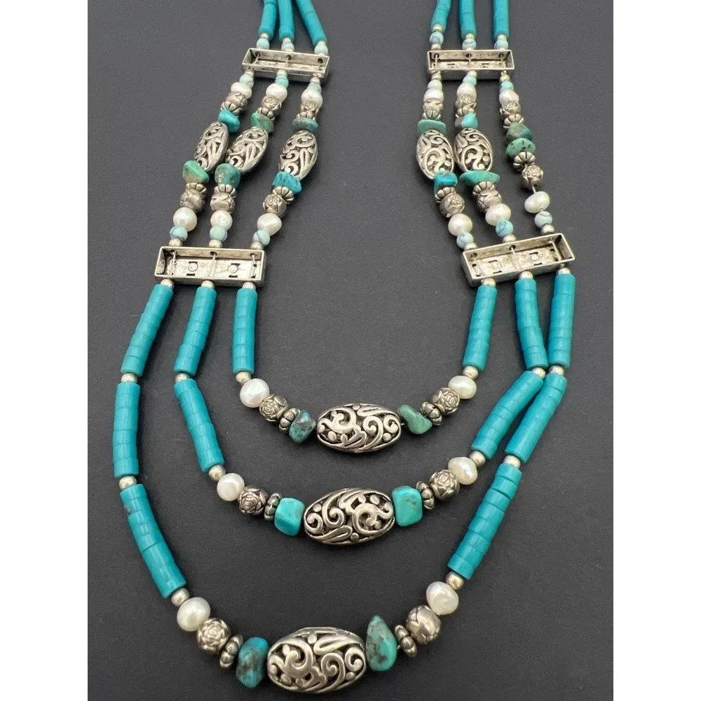 Vintage Southwestern Necklace Blue Beads Faux Pearls Silver‎ Tone Filigree Boho